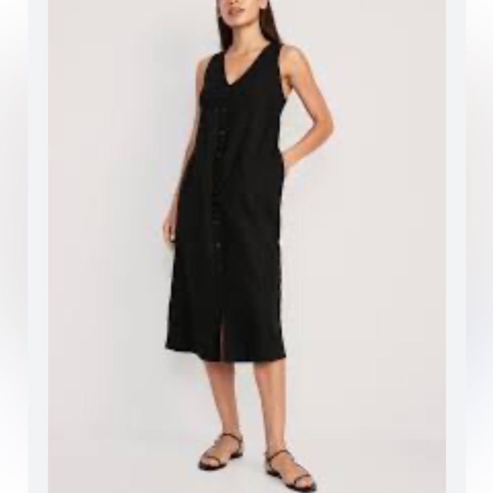Old Navy Sleeveless Button-Front Linen-Blend Midi Shift Dress, Black XS